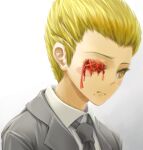 1boy bangs black_neckwear blonde_hair blood blood_on_face bloody_tears brown_eyes collared_shirt commentary_request danganronpa_(series) danganronpa_2:_goodbye_despair formal frown gradient gradient_background grey_background grey_jacket hair_slicked_back jacket kuzuryuu_fuyuhiko male_focus mole mole_under_mouth necktie open_clothes open_jacket shirt short_hair solo stitches upper_body white_shirt wing_collar youko-shima 