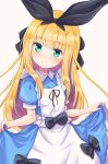  1girl apron bangs baram black_bow black_ribbon blonde_hair blue_dress blunt_bangs blush bow brown_background closed_mouth collared_dress dress eyebrows_visible_through_hair frilled_apron frilled_dress frills green_eyes hair_ribbon highres long_hair looking_at_viewer mononobe_alice nijisanji puffy_short_sleeves puffy_sleeves ribbon short_sleeves simple_background skirt_hold smile solo very_long_hair virtual_youtuber white_apron 