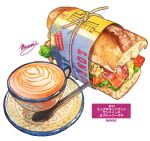  absurdres bread bread_bun coffee cup drink english_text food food_focus highres latte_art meat momiji_mao no_humans original pastry plate signature simple_background spoon still_life string translation_request vegetable white_background 