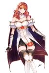  1girl absurdres bare_shoulders black_gloves black_thighhighs boots cape celica_(fire_emblem) commentary_request dress earrings feet_out_of_frame fingerless_gloves fire_emblem fire_emblem_echoes:_shadows_of_valentia gloves hairband highres jewelry kazuha_(kazuha1003) long_sleeves looking_at_viewer off-shoulder_dress off_shoulder orange_eyes puffy_short_sleeves puffy_sleeves red_hair revision short_sleeves simple_background smile solo standing thighhighs white_background white_dress white_footwear white_hairband zettai_ryouiki 