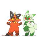 1:1 2d_animation ambiguous_gender animated anthro biped black_body black_fur clapping duo feral floragato fur generation_7_pokemon generation_9_pokemon green_body green_fur nintendo on_hind_legs pokemon pokemon_(species) quadruped red_body red_eyes red_fur simple_background smile tontaro torracat white_background yellow_sclera