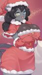  1girl absurdres animal_ears black_hair blue_eyes breasts cat_ears cat_girl cat_tail cleavage elbow_gloves furry furry_female gloves green_eyes hat highres holding holding_sack large_breasts long_hair open_mouth original red_gloves red_headwear ryuusui_arumo sack santa_costume santa_hat smile solo tail 