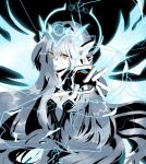  1girl armor armored_dress artist_request black_background black_bodysuit blue_hair blue_halo bodysuit code:_sariel_(elsword) elsword energy_wings eve_(elsword) gloves hair_between_eyes halo jewelry lightning long_hair looking_at_viewer mechanical_ears open_mouth pale_skin reaching reaching_towards_viewer robot_ears second-party_source simple_background solo spikes teeth very_long_hair very_long_sleeves white_hair wings yellow_eyes 