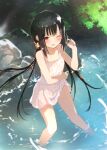  1girl alternate_costume bare_arms black_hair blurry blurry_background blush collarbone commentary_request dappled_sunlight day dress floating_hair foot_out_of_frame from_above hair_between_eyes half-closed_eyes hand_up hayase_fukami long_hair looking_at_viewer low_twintails maitetsu nagesuteaka one_eye_closed open_mouth outdoors purple_eyes rock see-through see-through_dress short_dress sidelighting sleeveless sleeveless_dress smile soaking_feet solo sparkle standing sundress sunlight thighs twintails very_long_hair water wet wet_clothes wet_dress white_dress 