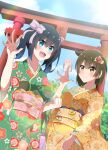  2girls absurdres alternate_costume black_hair blue_eyes blue_sky brown_hair cloud cowboy_shot day dutch_angle floral_print green_kimono hair_ribbon highres hiryuu_(kancolle) japanese_clothes kantai_collection kimono long_hair multiple_girls new_year obi omikuji one_side_up orange_kimono outdoors paper ribbon sash short_hair sky souryuu_(kancolle) torii yellow_eyes yuuhi_(yuyuhihi) 