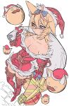  1girl ahoge animal_ears blush boots bow box breasts dress fox_ears gift gift_box hair_bow hat highres holding holding_gift holding_sack hololive kakult2017 medium_breasts multicolored_hair omaru_polka pink_hair red_dress sack santa_hat simple_background solo streaked_hair thigh_boots white_background zain_(omaru_polka) 