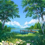  1girl blue_sky brown_hair cloud day denis_istomin fishing fishing_line fishing_rod flower holding holding_fishing_rod lake original outdoors pier red_shirt scenery shirt sky solo tree water 