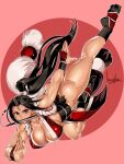  1girl bare_legs bare_shoulders black_eyes black_hair bowalia breasts cleavage fatal_fury hand_fan happy_new_year large_breasts long_hair looking_at_viewer mouth_hold new_year ponytail shiranui_mai snk solo the_king_of_fighters 