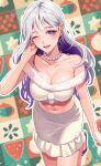  1girl bead_necklace beads breasts crop_top earrings fur_trim gift_art grey_hair highres indie_virtual_youtuber jewelry large_breasts long_hair mayuki_ran midriff multicolored_hair navel necklace one_eye_closed open_mouth pinchi purple_hair skirt solo stomach white_skirt 