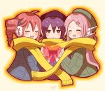  3girls :&lt; beret blush closed_eyes coat drill_hair earmuffs hair_ornament hairclip hat heart holding_hands kasane_teto long_hair looking_at_viewer momone_momo multiple_girls np_eny open_mouth pink_hair purple_eyes purple_hair robot_ears scarf shared_clothes shared_scarf short_hair smile twin_drills utane_uta utau very_long_hair 