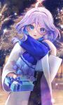  1girl ahoge blue_eyes blue_hair blue_scarf blurry blurry_background box christmas coat colored_inner_hair d: eyelashes floating_hair furina_(genshin_impact) genshin_impact gift gift_box hair_intakes heterochromia highres holding holding_box long_hair long_sleeves looking_at_viewer mismatched_pupils multicolored_hair night open_mouth outdoors raymond_busujima scarf solo two-tone_hair white_coat white_hair winter 