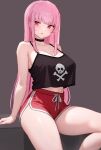  1girl absurdres black_tank_top bluefield blunt_bangs blush breasts cleavage collarbone highres hololive hololive_english large_breasts long_hair looking_at_viewer mori_calliope navel pink_eyes pink_hair red_eyes red_shorts shorts sidelocks skull_and_crossbones solo tank_top virtual_youtuber 