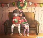  1boy 1girl aged_down animal_slippers artist_name aubrey_(faraway)_(omori) aubrey_(omori) bell black_eyes black_hair black_skirt blush bow brown_shorts bunny_slippers christmas_sweater christmas_wreath couch cup hair_bow hand_up highres holding holding_cup indoors kneehighs locked_arms long_hair lying_on_person lyresweet omori on_couch pink_bow pink_sweater red_sweater ribbed_sweater short_hair shorts sitting skirt slippers smile socks sunny_(omori) sweater wreath 
