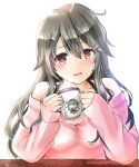  1girl alternate_costume blush brown_eyes cup eiji_(monochromexd) grey_hair hair_ornament hairclip haruna_(kantai_collection) highres holding holding_cup kantai_collection long_hair long_sleeves mug off_shoulder pink_sweater solo sweater upper_body 