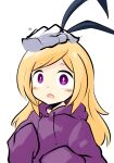  1girl akagami_(feat_akagami) blonde_hair blush bow_hairband bright_pupils disembodied_limb drawstring hairband headpat hood hood_down hoodie long_hair long_sleeves monster_strike open_mouth pandora_(monster_strike) purple_eyes purple_hoodie simple_background sleeves_past_wrists solo_focus upper_body white_background white_pupils 