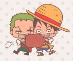  2boys aco_peda black_eyes black_hair cheek-to-cheek chibi eating food full_body green_hair grey_background hat heads_together holding holding_food looking_at_viewer male_focus monkey_d._luffy multiple_boys one_eye_closed one_piece polka_dot polka_dot_background roronoa_zoro scar scar_across_eye scar_on_cheek scar_on_face sharing_food short_hair side-by-side sideburns smile straw_hat 