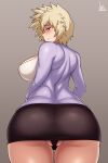  1girl absurdres ass bakugou_mitsuki blonde_hair boku_no_hero_academia breasts commentary from_behind grey_background highres jmg large_breasts looking_at_viewer looking_back mature partially_visible_vulva red_eyes short_hair signature simple_background solo thick_thighs thighs wide_hips 