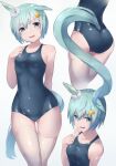  1girl alternate_costume animal_ears armpits ass_visible_through_thighs blue_eyes blue_one-piece_swimsuit breasts commentary_request cowboy_shot ear_covers grey_hair hair_ornament hairclip highres horse_ears horse_girl horse_tail looking_at_viewer multiple_views one-piece_swimsuit saikuu seiun_sky_(umamusume) short_hair simple_background single_ear_cover small_breasts smile swimsuit tail thighhighs thighs umamusume white_background white_thighhighs 