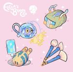  bag cable character_name character_print charging_device charjabug chinchou commentary elekid elesa_(pokemon) gen_2_pokemon gen_7_pokemon green_bag jug liquid phone pink_background pokemon simple_background sparkle yamato-leaphere 