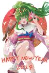  1girl 2024 :d alternate_costume fire_emblem fire_emblem:_mystery_of_the_emblem flower green_eyes green_hair gusi615 hair_ornament hand_fan happy_new_year highres holding holding_fan holding_flower japanese_clothes kanzashi kimono kinchaku long_hair long_sleeves new_year obi open_mouth pink_kimono pointy_ears ponytail pouch sash simple_background smile solo tabi tiara tiki_(fire_emblem) tiki_(young)_(fire_emblem) white_background wide_sleeves zouri 