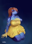 2024 4_fingers absurd_res acanthurid anthro blue_background blue_body blue_head blue_legs blue_neck blue_scales breasts brown_hair clothed clothed_breasts clothing dress dress_only feet female fin fin_feet fingers fish goldmikun green_eyes hair hand_above_breast hand_above_breasts hand_on_floor hand_on_own_breast hi_res kneeling kneeling_on_ground looking_at_viewer marine membrane_(anatomy) mycha_(seaf) on_ground paracanthurus scales shoulder_strap shoulder_straps silhouette simple_background sleeping solo toes underwater water webbed_feet yellow_body yellow_clothing yellow_dress yellow_feet yellow_hands