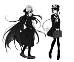  2girls black_hair black_serafuku family_crest fate/grand_order fate_(series) fiery_hair full_body genderswap genderswap_(mtf) greyscale hat long_hair long_sleeves looking_at_viewer low_ponytail military_hat monochrome multiple_girls neckerchief oda_nobukatsu_(fate) oda_nobunaga_(fate) oda_uri open_mouth peaked_cap pleated_skirt sailor_collar school_uniform sempon_(doppio_note) serafuku shako_cap shoes siblings simple_background skirt smile socks white_background 