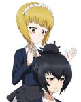  2girls alternate_hairstyle apron black_hair blonde_hair cutlass_(girls_und_panzer) frilled_hairband frills girls_und_panzer hair_bun hairband kayabakoro multiple_girls ooarai_military_uniform parody reizei_mako short_hair white_background yurucamp 