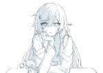  1girl absurdres chin chinese_clothes fu_hua grabbing_own_hair greyscale hair_between_eyes hand_on_own_chin hanfu highres honkai_(series) honkai_impact_3rd long_hair monochrome simple_background sitting sketch solo table vx7bj white_background 