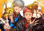  2024 2boys black_hair black_jacket blue_eyes blue_kimono brown_eyes brown_hair dragon_mask gojou_satoru grin hands_up happy_new_year holding holding_mask itadori_yuuji jacket japanese_clothes jujutsu_kaisen kimono long_sleeves looking_at_viewer male_focus mask multiple_boys red_kimono ru_to_bi short_hair smile teeth undercut upper_body v v-shaped_eyebrows white_background white_hair yellow_background 