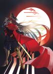  1girl antique_firearm armored_boots black_hair boots cape family_crest fate/grand_order fate_(series) full_body full_moon gun hand_on_headwear hat highres katana long_hair medallion military_hat moon musket oda_nobunaga_(fate) oda_uri peaked_cap red_cape red_eyes smile solo sword uaaaou very_long_hair weapon 