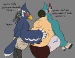 anthro avian beak belly belly_rub big_belly bigtimekudo bird blue_body blue_feathers blush breath_of_the_wild digital_media_(artwork) duo feathers green_eyes hair hi_res kass_(tloz) male male/male nintendo open_mouth overweight overweight_anthro overweight_male revali rito simple_background text the_legend_of_zelda wings