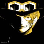  1boy aboude_art artist_name black_headwear blonde_hair closed_mouth commentary goggles goggles_on_headwear hat instagram_logo instagram_username limited_palette looking_at_viewer male_focus one_piece sabo_(one_piece) scar scar_across_eye short_hair signature smile solo top_hat 