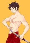  1boy black_eyes black_hair cowboy_shot from_side holding holding_sword holding_weapon japanese_clothes katana kimono male_focus moko_(gloriaaaaaa) monkey_d._luffy nipples one_piece profile red_kimono scar scar_on_cheek scar_on_chest scar_on_face sheath short_hair simple_background smile solo sword topless_male unsheathing weapon yellow_background 