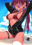  1girl absurdres arms_behind_head arms_up beach bikini bikini_under_clothes black_jacket blue_sky breasts cleavage cloud earrings gold_earrings gold_necklace heart heart-shaped_eyewear heart_earrings heart_necklace heterochromia highres hololive houshou_marine houshou_marine_(summer) jacket jewelry large_breasts long_hair looking_at_viewer necklace o-ring o-ring_thigh_strap official_alternate_costume ponytail red_bikini red_eyes red_hair riyokeyuzu sand sky sunglasses swimsuit thigh_strap virtual_youtuber water yellow_eyes 