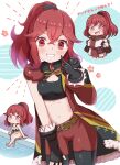  1girl anna_(fire_emblem) belt black_gloves breasts brown_belt crop_top fingerless_gloves fire_emblem fire_emblem_engage gloves hair_between_eyes highres jacket long_hair looking_at_viewer midriff mikumiku37 multiple_views one-piece_swimsuit ponytail red_eyes red_hair red_jacket small_breasts smile swimsuit white_background white_one-piece_swimsuit 