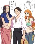  1boy 2girls ? alternate_costume arm_tattoo black_eyes black_hair closed_eyes commentary_request eyewear_on_head hat holding holding_clothes holding_hat long_hair monkey_d._luffy multiple_girls nami_(one_piece) navel nico_robin one_piece orange-tinted_eyewear orange_hair pentsu scar scar_on_cheek scar_on_face short_hair simple_background smile speech_bubble straw_hat sunglasses tattoo teeth tinted_eyewear translation_request unworn_hat unworn_headwear white_background 