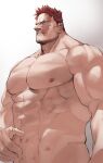  1boy abs bara boku_no_hero_academia burn_scar completely_nude endeavor_(boku_no_hero_academia) facial_hair gradient_background hand_on_own_stomach highres large_pectorals male_focus mature_male migi_(mm86262394) muscular muscular_male navel nipples nude pectorals red_hair scar scar_on_face short_hair sideburns simple_background solo teeth upper_body 