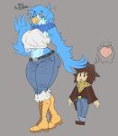 ambiguous_gender anthro avian big_breasts big_butt bird blue_body blue_feathers breasts butt clothing clover_(undertale_yellow) cowboy_hat crop_top duo feathers female food fruit hat headgear headwear huge_breasts huge_butt human larger_female mammal martlet_(undertale_yellow) peach_(fruit) plant shirt signirsol size_difference text thick_thighs topwear undertale_(series) undertale_yellow wide_hips