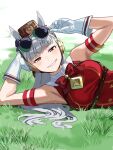  1girl animal_ears armpits arms_up bare_shoulders blunt_bangs blush bow bowtie breasts brown_headwear ear_bow eyewear_on_head gloves gold_ship_(umamusume) gold_trim grass grey_hair highres horse_ears horse_girl koppe_koppe long_hair looking_at_viewer lying medium_breasts on_ground on_side outdoors pillbox_hat purple_bow red_bow red_bowtie red_eyes sleeveless smile smug solo sunglasses umamusume upper_body white_gloves 