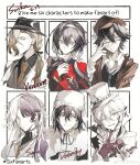  1girl 5boys absurdres adjusting_eyewear beanie bishounen black-framed_eyewear black_bow black_coat black_hair black_headwear black_jacket black_shirt black_sweater black_vest blonde_hair blue_eyes blue_necktie bow braid brown_coat brown_headwear brown_necktie bungou_stray_dogs cabbie_hat card character_name chinese_commentary closed_mouth coat coattails collared_jacket collared_shirt commentary_request cui_(jidanhaidaitang) earflap_beanie edogawa_ranpo_(bungou_stray_dogs) expressionless fangs finger_to_own_chin flower flower_brooch frilled_sleeves frills fur-trimmed_coat fur_trim fyodor_dostoyevsky_(bungou_stray_dogs) glasses gloves green_eyes grey_eyes grin hair_between_eyes hair_bow hair_flower hair_ornament hair_over_shoulder hairband hand_on_eyewear hand_on_own_chest hat high_collar highres izumi_kyouka_(bungou_stray_dogs) jacket japanese_clothes kimono layered_sleeves light_frown light_smile long_hair long_sleeves looking_at_viewer looking_to_the_side low_ponytail low_twintails multicolored_clothes multicolored_hair multicolored_jacket multiple_boys multiple_drawing_challenge necktie nikolai_gogol_(bungou_stray_dogs) one-eyed open_clothes open_coat open_jacket open_mouth paul_verlaine_(bungou_stray_dogs) playing_card purple_eyes purple_flower purple_gloves purple_hair purple_rose red_eyes red_kimono red_sleeves rose scar scar_across_eye shirt short_hair sigma_(bungou_stray_dogs) single_braid six_fanarts_challenge skin_fangs sleeves_past_wrists smile sweater top_hat turtleneck turtleneck_sweater twintails two-tone_hair two-tone_jacket upper_body v-neck vest white_background white_flower white_hair white_hairband white_headwear white_jacket white_shirt white_sleeves white_vest wide_sleeves 