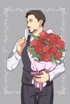  1boy bouquet bow brown_hair closed_eyes closed_mouth collared_shirt facial_hair flower grey_background grey_pants grey_vest hand_up holding holding_bouquet leaf long_sleeves male_focus marvel marvel_cinematic_universe pants purple_bow red_flower red_rose rose shirt short_hair simple_background solo standing suit tony_stark vest white_shirt yukko93 