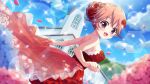 1girl :d bare_shoulders blue_flower blue_petals blue_sky blurry blurry_foreground breasts church cloud corset cross day dot_nose dress dress_flower dutch_angle falling_petals film_grain floral_print flower from_side game_cg haeno_akari hair_bun hair_flower hair_ornament hair_up hydrangea izumi_tsubasu large_breasts looking_at_viewer looking_to_the_side non-circular_lens_flare non-web_source official_art open_mouth orange_hair outdoors petals pink_flower pink_petals print_dress purple_eyes re:stage! red_corset red_dress red_flower red_rose rose see-through_skirt_layer short_hair sideboob single_hair_bun skirt_hold sky smile solo strapless strapless_dress sun tree 
