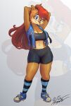 anthro archie_comics azul35art blue_eyes breasts cleavage clothed clothing crop_top female footwear ground_squirrel hair hands_behind_head hi_res legwear long_hair mammal multicolored_body pattern_clothing pattern_legwear pins rodent sally_acorn sciurid sega shirt shoes smile sneakers solo sonic_the_hedgehog_(archie) sonic_the_hedgehog_(comics) sonic_the_hedgehog_(series) striped_clothing striped_legwear stripes topwear two_tone_body vest