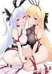  2girls :q absurdres animal_ears bare_shoulders black_bow black_leotard black_ribbon blonde_hair blue_eyes blush bow breast_press breasts fake_animal_ears hair_between_eyes hair_bow hair_ribbon highleg highleg_leotard highres k.t.cube large_breasts leotard long_hair looking_at_viewer multiple_girls no_shoes open_mouth original pantyhose playboy_bunny purple_eyes rabbit_ears rabbit_tail red_ribbon ribbon side_ponytail sitting smile symmetrical_docking tail tongue tongue_out white_hair white_pantyhose 