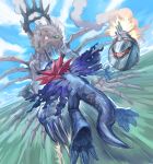  absurdres battle blue_sky blue_tail claws cloud cyborg day digimon digimon_(creature) green_eyes grey_horns highres horns level-00 metalgreymon_virus missile monster no_humans outdoors sharp_teeth skeleton skullgreymon sky smoke solid_eyes teeth 