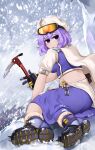 1girl black_gloves blue_footwear boots breasts closed_mouth commentary english_commentary gloves goggles goggles_on_head highres lapel_pin large_breasts letty_whiterock looking_at_viewer plump purple_eyes purple_hair short_eyebrows short_hair short_sleeves smile snow snowing solo statisticstater touhou white_headwear 