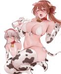  2girls absurdres anger_vein animal_ears animal_print bell bell_collar bikini boots bottle breast_envy breasts brown_hair cleavage closed_mouth collar cow_ears cow_print elbow_gloves fake_animal_ears flat_chest front-tie_bikini front-tie_top girls_frontline gloves grey_hair hair_between_eyes hairband high_heel_boots high_heels highres large_breasts long_hair m1903_springfield_(girls_frontline) milk milk_bottle multiple_girls open_mouth side-tie_bikini simple_background swimsuit thigh_boots thighhighs ump45_(girls_frontline) white_background white_bikini yellow_eyes ygzsmh 