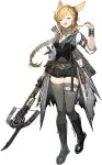  1girl animal_ears arknights arrow_(projectile) bayonet belt_buckle belt_pouch boots bracelet braid braided_ponytail buckle bunny_ears closed_eyes crossbow jewelry kroos_(arknights) long_hair official_alternate_costume official_art older pouch quiver rabbit_girl solo thighhighs 