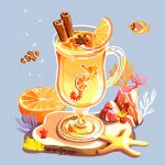  blue_background cinnamon_stick clownfish coral cup drink drinking_glass fish food food_focus fruit issiki_toaki no_humans orange_(fruit) orange_slice original seahorse starfish 