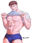  1boy 42nkooon abs bara bare_pectorals blue_male_underwear brown_hair bulge closed_eyes closed_mouth clothes_lift garen_(league_of_legends) large_pectorals league_of_legends male_focus male_underwear muscular muscular_male navel nipples pectorals shirt shirt_lift short_hair simple_background solo twitter_username underwear white_shirt 